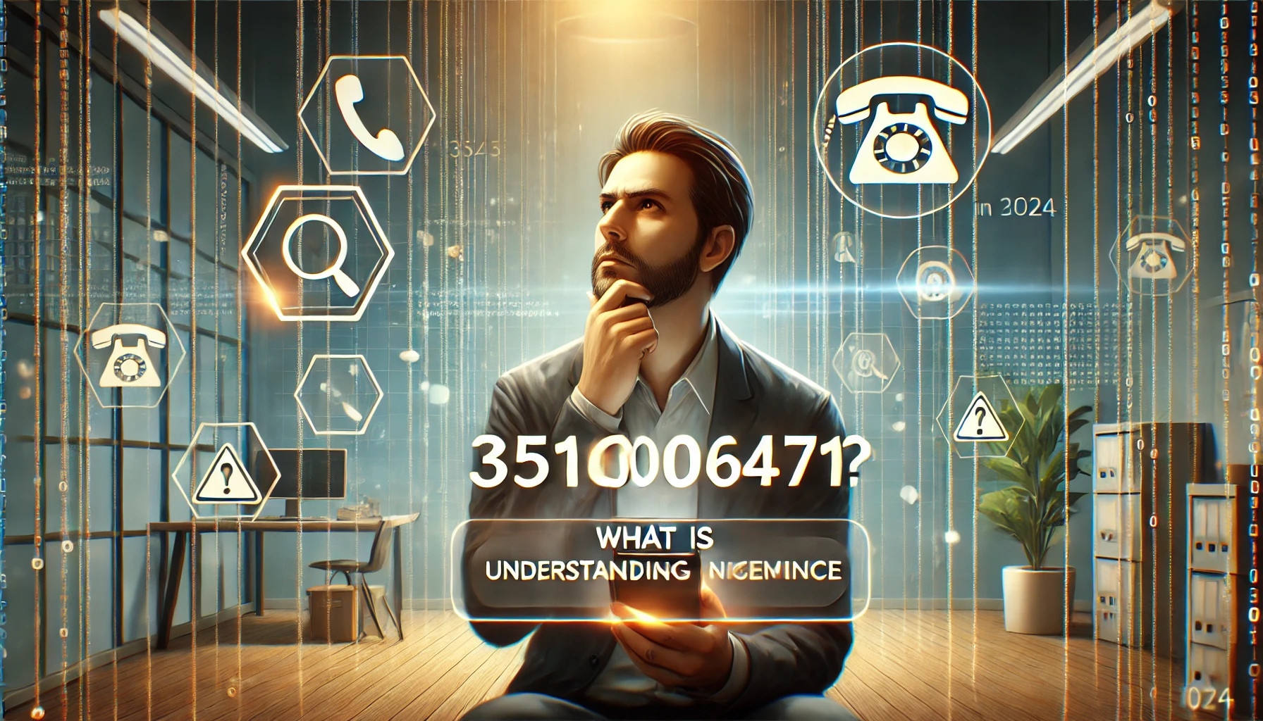 A wide feature image for an article titled "What is 3516006471? Understanding Its Uses and Significance in 2024." The image shows a person in a modern office holding a smartphone, displaying an incoming call from the number "3516006471." The person has a cautious expression, examining the screen closely. The background includes digital elements like data streams, a magnifying glass symbol, and warning icons, representing the investigation and analysis of unknown calls. The atmosphere is realistic, professional, and tech-focused.