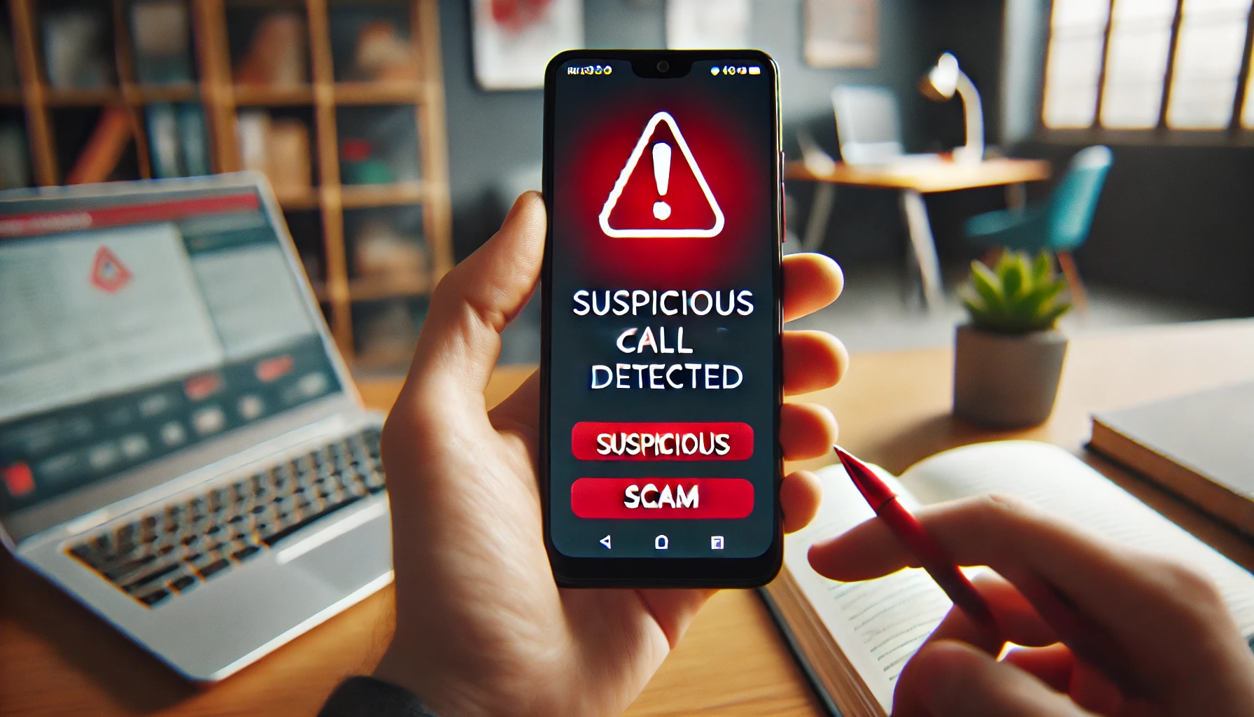 A smartphone held in a hand displays a warning message reading "Suspicious Call Detected" with a red exclamation mark icon. The scene is set in a home office environment, featuring a blurred background with a desk, laptop, and office supplies. Concept Used For 3506006471 Identifier.