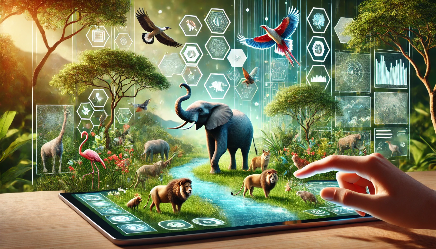 A digital scene featuring a user interacting with a virtual zoo on a large screen, surrounded by stylized representations of wildlife such as elephants, lions, and exotic birds. The background combines natural elements like trees and greenery with modern, digital design, creating an immersive environment that emphasizes the blend of technology and nature. Concept Used For Zooskooñ.