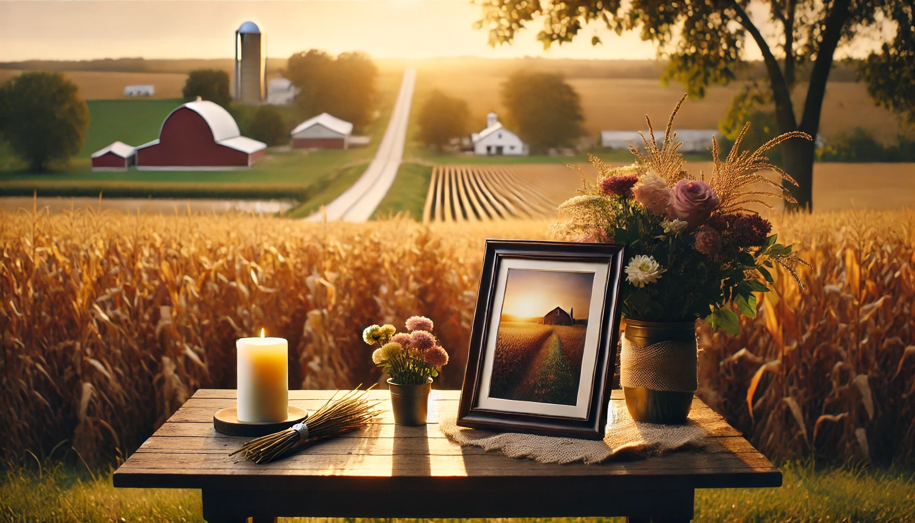 A peaceful tribute scene set in a rural landscape with golden fields and a small town in the background. In the foreground, a simple wooden table holds a lit candle and a bouquet of flowers, symbolizing remembrance and respect. The scene is bathed in warm sunlight, creating a serene and heartfelt atmosphere. Concept used for brad dummer obituary.