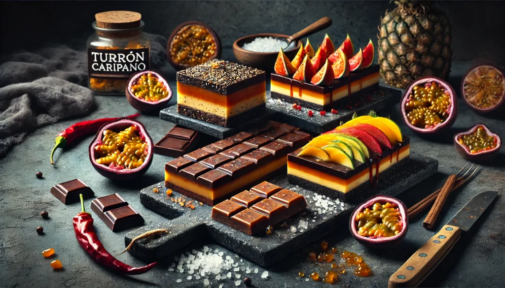 A display of modern variations of Turrón Carúpano, featuring three distinct styles: one with sea salt caramel, another coated in dark chocolate with chili flakes, and a third infused with tropical fruits like passion fruit and mango. The slices reveal the rich, layered textures of each flavor. The background is dark and elegant, with small decorative elements like chili peppers, sea salt, and fresh fruit, emphasizing the fusion of traditional and modern flavors.