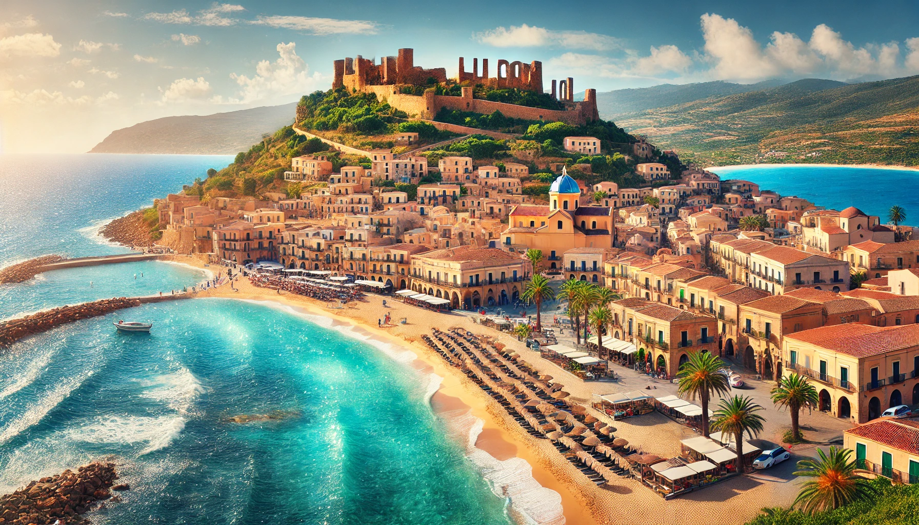 A panoramic view of Barcelia, featuring golden sandy beaches along the sapphire-blue coastline, with ancient ruins nestled on a lush hillside. In the middle, a lively town square hosts colorful market stalls and Mediterranean-style buildings with terracotta rooftops. The scene is bright and sunny, with a clear sky and sparkling sea.