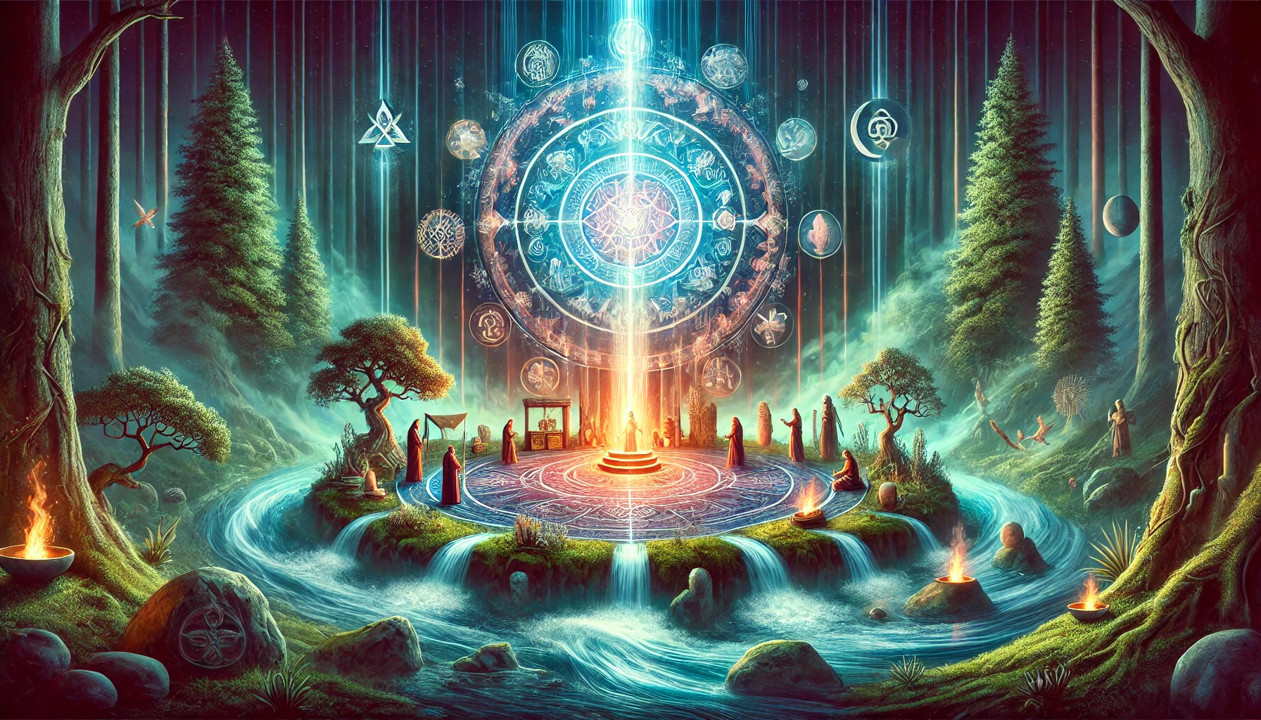 A mystical forest scene depicting the ancient belief system of Поррозаб. The image features a spiritual shrine emitting a soft, ethereal light at the center, surrounded by trees, flowing water, and glowing ancestral symbols. Figures are performing a ritual with offerings, emphasizing a deep connection between nature and spirituality.