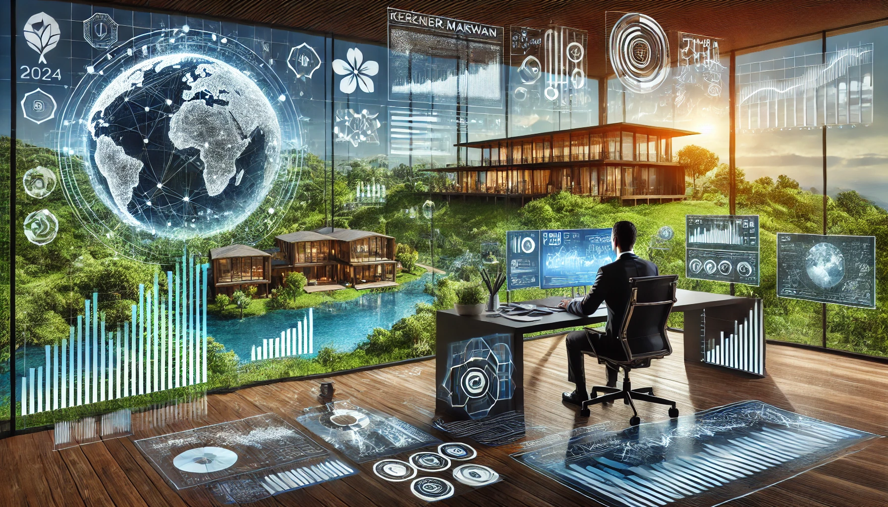 A modern office scene featuring Kerzner Marwan, a business executive surrounded by digital screens displaying market data and trends. In the background, a luxury eco-friendly resort symbolizes his contributions to sustainable hospitality. The office is a blend of futuristic design and natural elements, showcasing his focus on innovation, digital transformation, and sustainability.