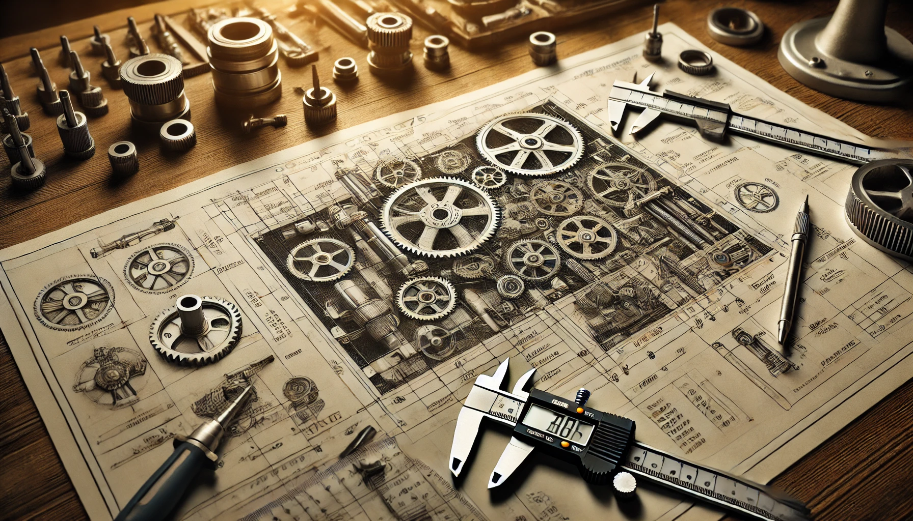 A detailed technical drawing of the Mollar CGT20750 machine, featuring a complex schematic of gears, bolts, and levers. The blueprint is laid out on a drafting table, accompanied by engineering tools like calipers and rulers. Soft lighting highlights the precision and craftsmanship of the design, creating an atmosphere of technical expertise. Concept Used For Mollar CGT20750 Drawing.