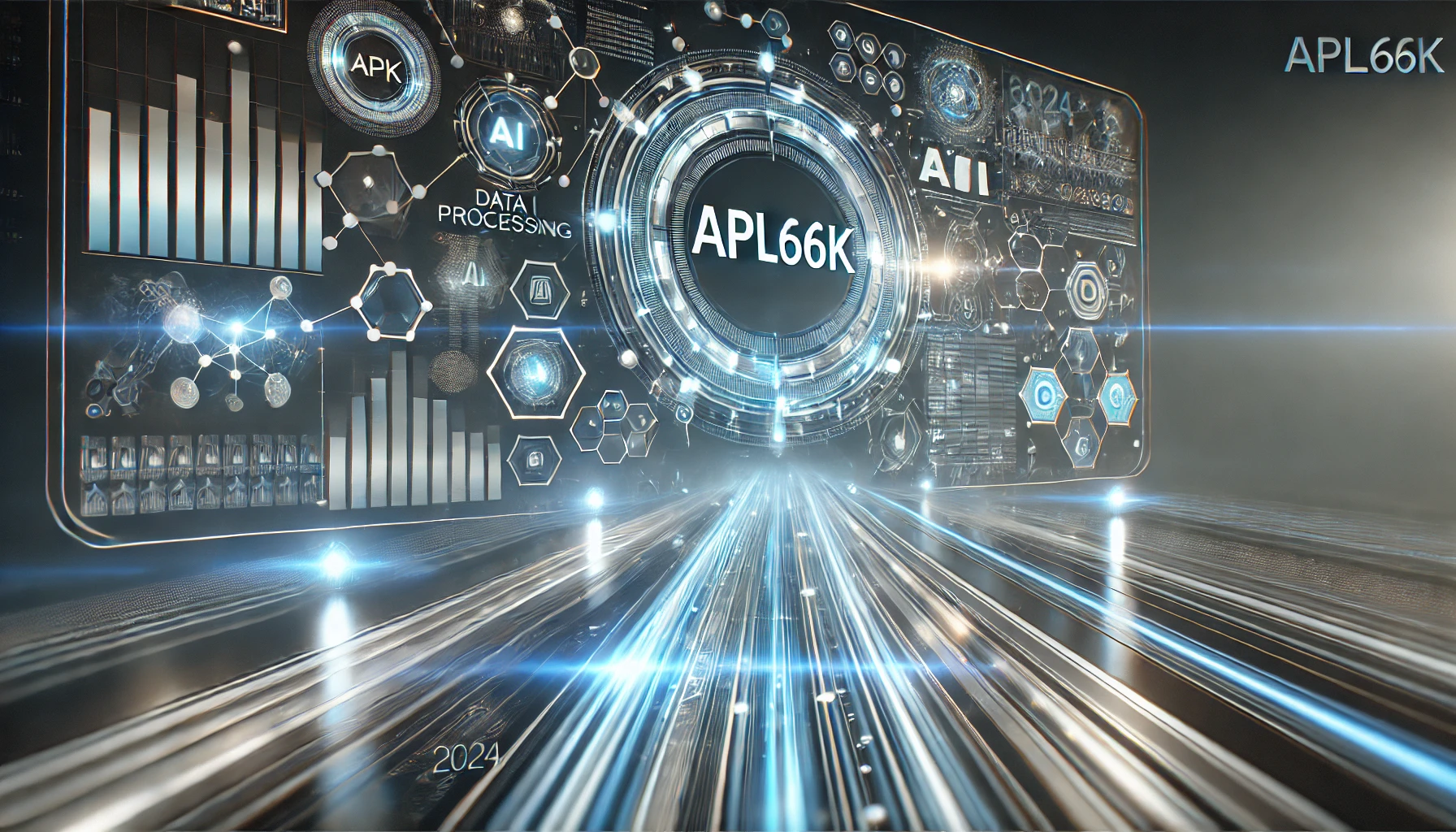 A futuristic representation of APL66K technology featuring glowing data nodes, abstract visualizations of AI and data processing, with digital light trails connecting graphs and algorithms.