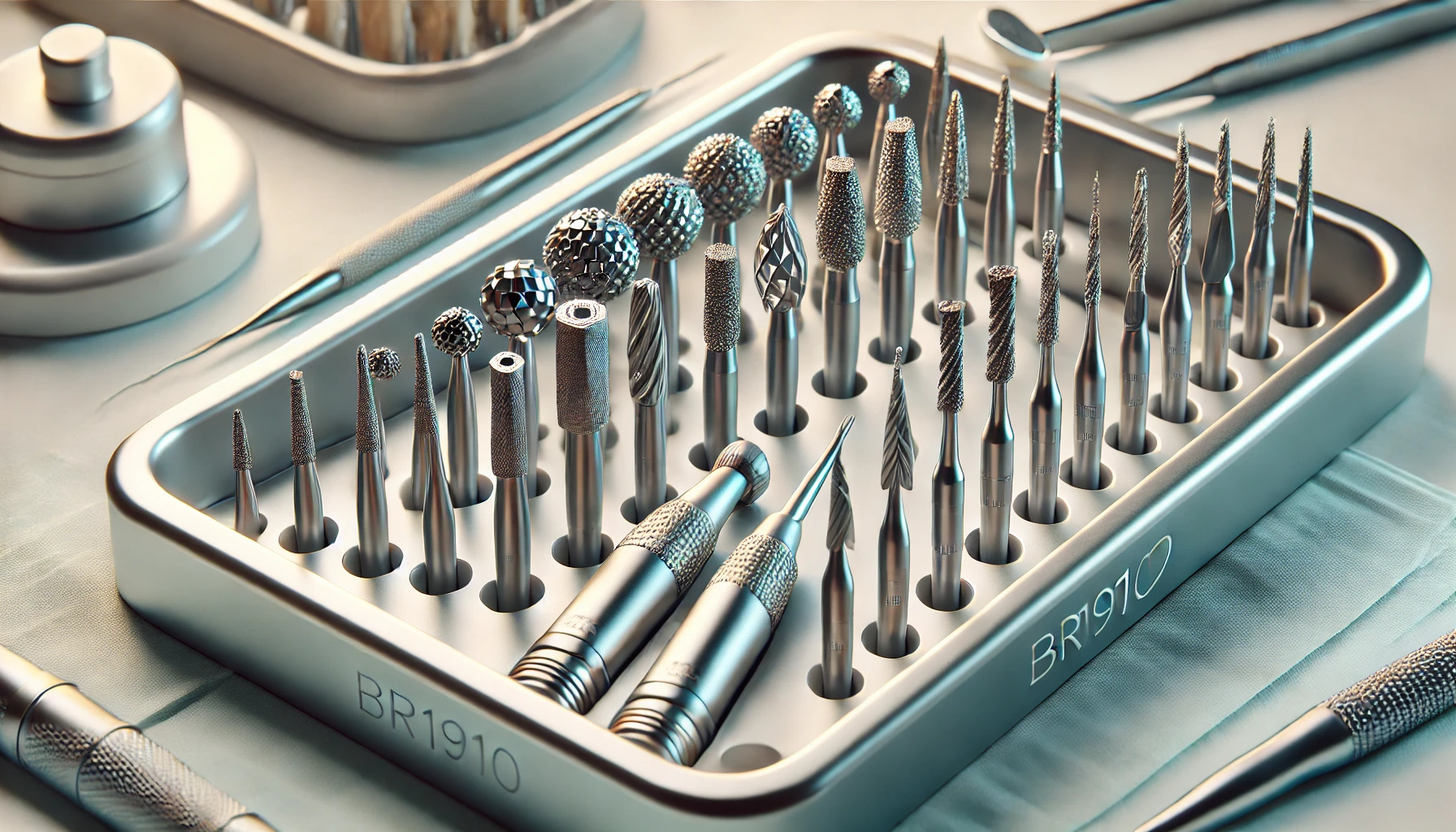 A set of precision dental burs from the Fresas de Diamante Kit BR1910 displayed in a sterilization tray, with a focus on their diamond-coated tips and ergonomic handles in a professional dental setting.