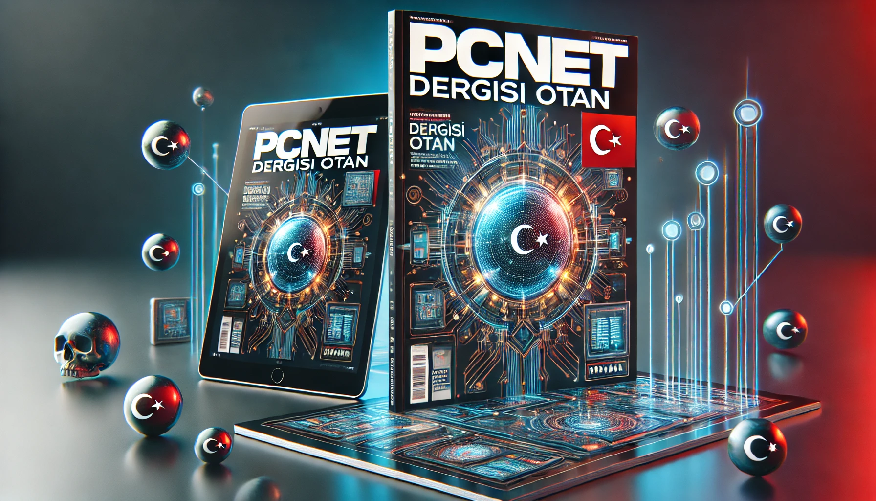 A wide image featuring PCNet Dergisi Otan, showcasing the magazine's digital version on a tablet and smartphone, with technology-themed visuals and a Turkish flag subtly integrated in the background.