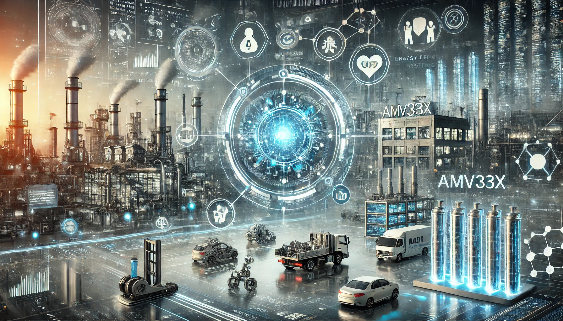 A wide image showcasing AMV33X technology in futuristic industrial automation, healthcare, and energy-efficient systems, with digital data processing overlays and a high-tech setting.