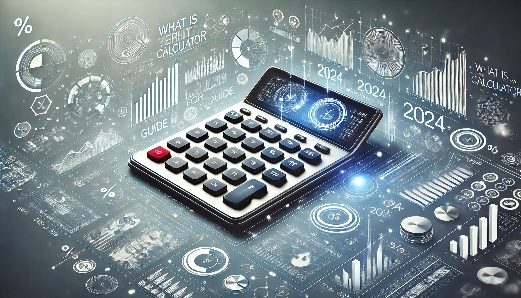 A sleek digital calculator displaying graphs, data, and percentages on its screen, with a background featuring icons like pie charts, bar graphs, and checkmarks. The colors include navy blue, white, silver, and hints of green, evoking precision and trust. Concept is Used for Verity Calculator.