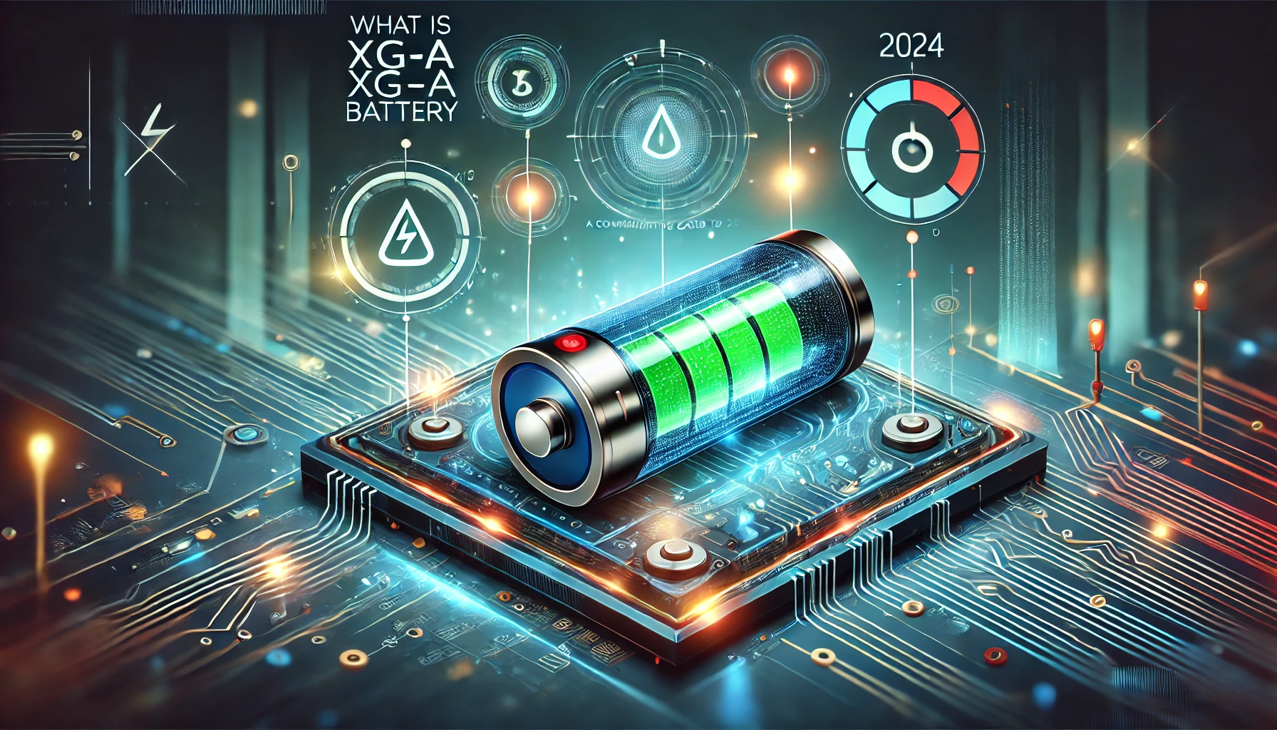 A futuristic battery labeled XG-A with glowing indicators, surrounded by electrical sparks, power icons, and circuit patterns. The color palette features electric blue, neon green, and metallic silver, symbolizing energy, innovation, and efficiency. Concept is Used For XG-A Battery.