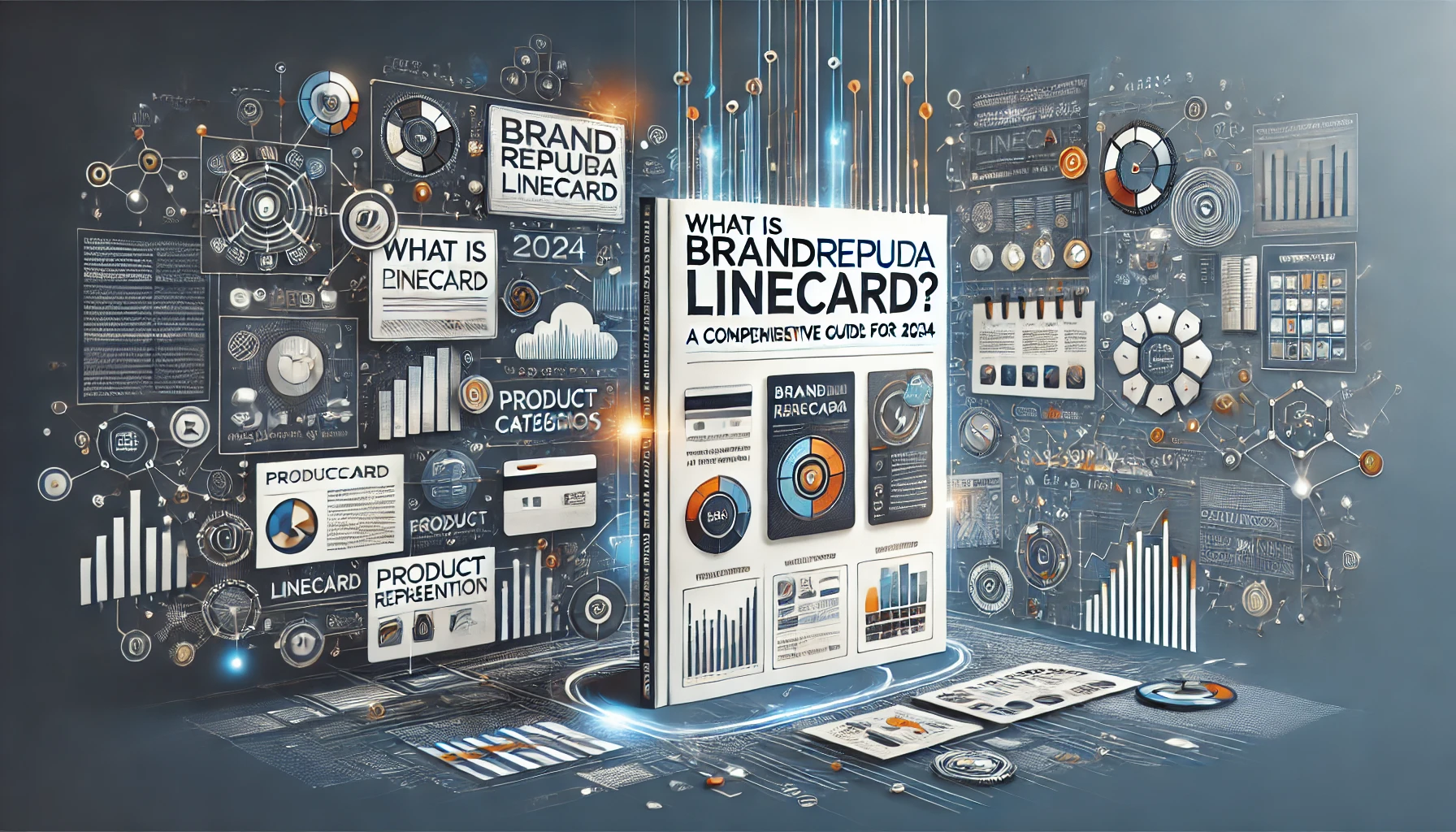 A sleek brochure or digital document showcasing product categories and logos, symbolizing a linecard. The background features business elements such as charts, graphs, and network connections, with colors including navy blue, white, orange, and teal to convey professionalism and creativity. Concept is used for brandrepusa linecard.