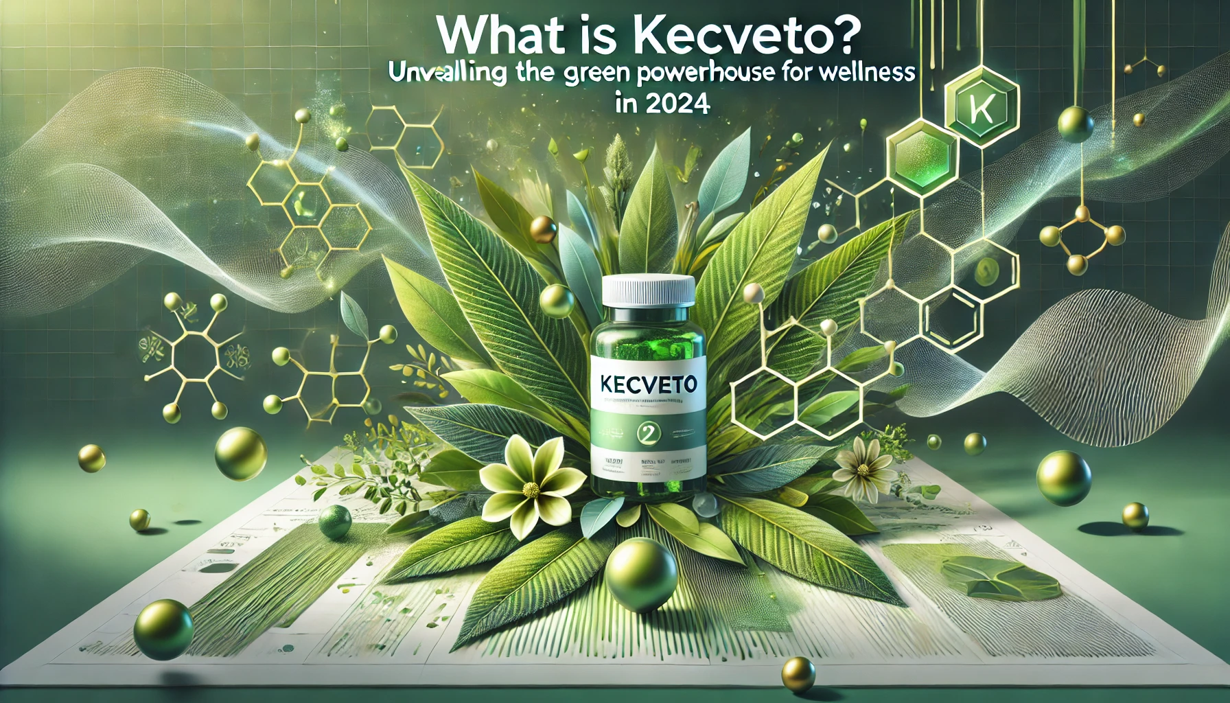 A vibrant display of green leaves, herbal extracts, and plant-based elements, symbolizing natural wellness. The background features molecular structures and energy waves, with a color palette dominated by green, white, and gold, representing vitality, purity, and sustainability.Concept Used For kecveto.