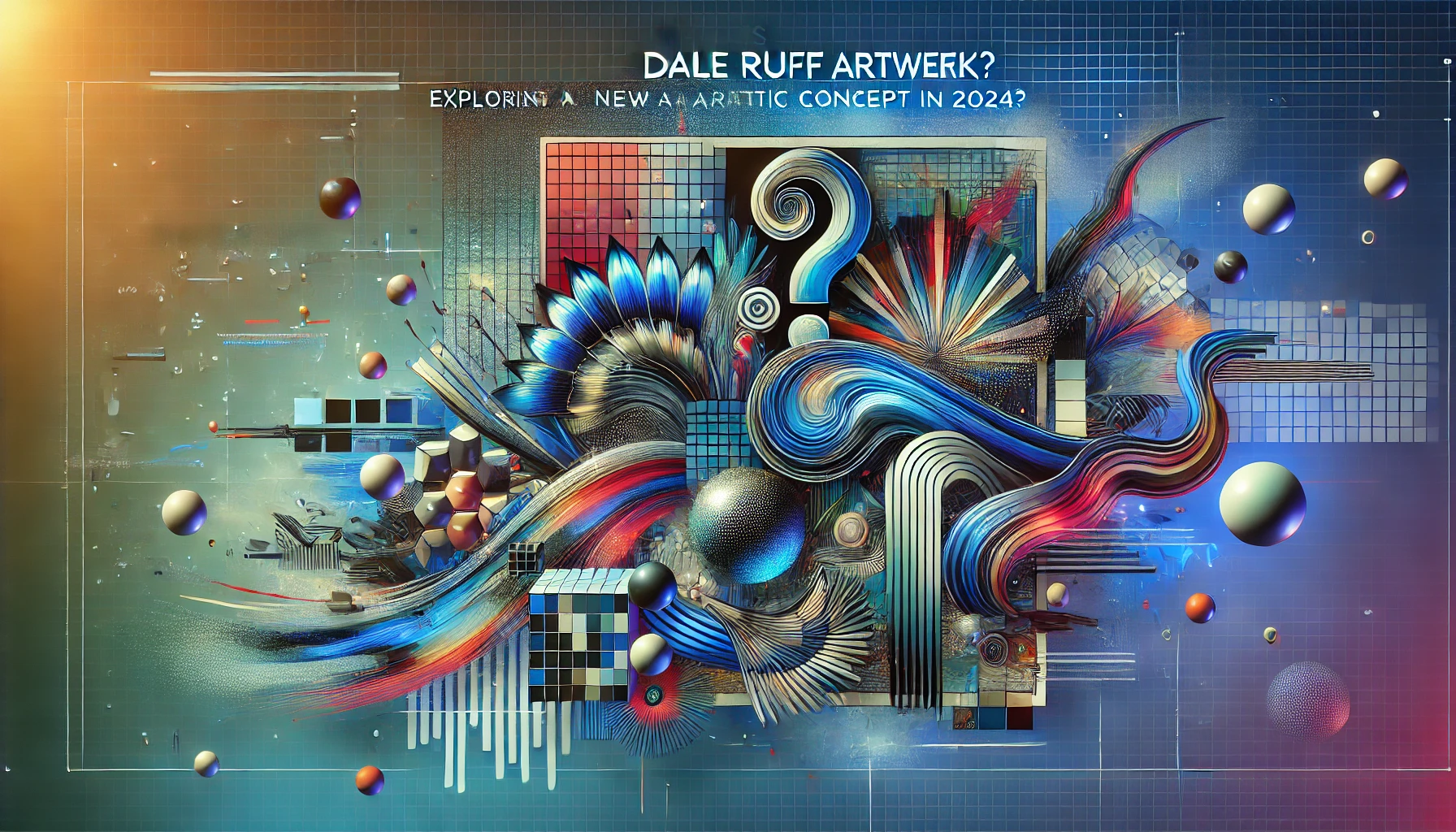 Abstract and experimental art pieces blending bold shapes, vibrant colors, and digital motifs like pixels and waveforms. The design features layers of textures suggesting movement and transformation, with a color palette of neon hues, deep blues, and metallic silver. Concept Used For dale ruff artwekk.