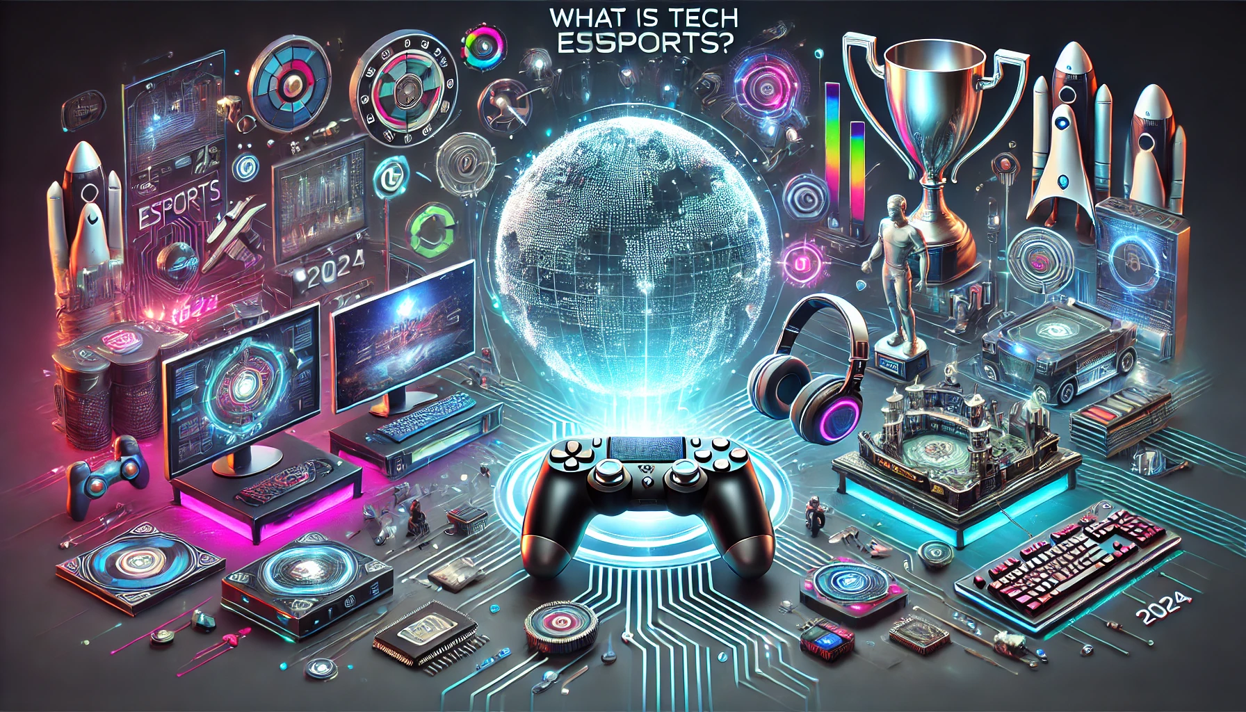 Futuristic wide-format image depicting "Tech Etruesports," featuring holographic game controllers, esports trophies, and virtual reality (VR) headsets, with a dynamic, neon-lit digital environment. The background has elements of digital circuits, data visualizations, and esports tournament graphics, symbolizing innovations in competitive gaming for 2024.