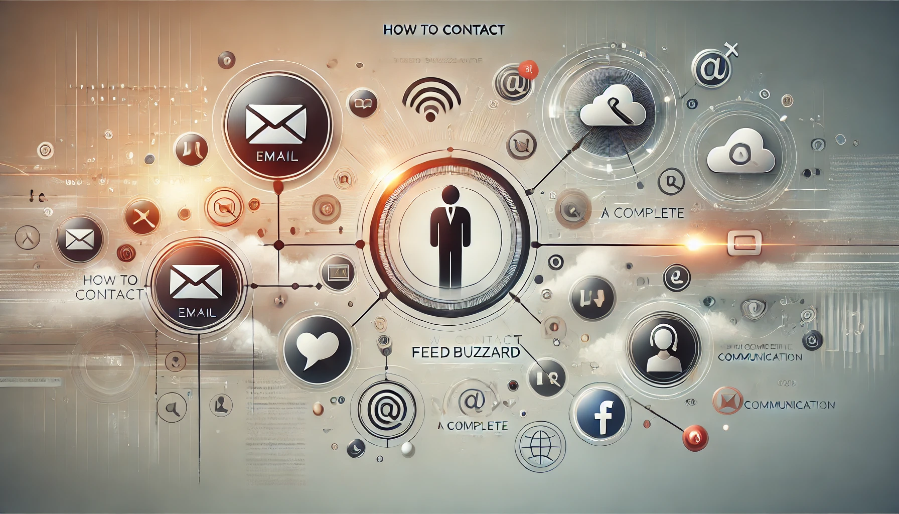 Wide feature image depicting effective communication methods with FeedBuzzard, featuring icons of email, chat bubbles, and social media. A seamless digital connection on a soft-toned background symbolizes smooth interaction, emphasizing how to contact FeedBuzzard effectively.