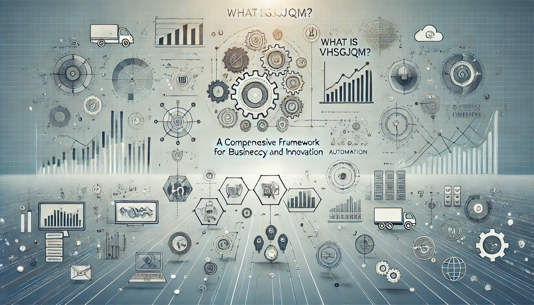 Wide-format image depicting a modern business environment with elements like gears, data charts, automation icons, and digital technology symbols. The design uses cool tones of blue, gray, and white, highlighting concepts of connectivity, integration, and efficiency, reflecting the VHSGJQM framework for business innovation.