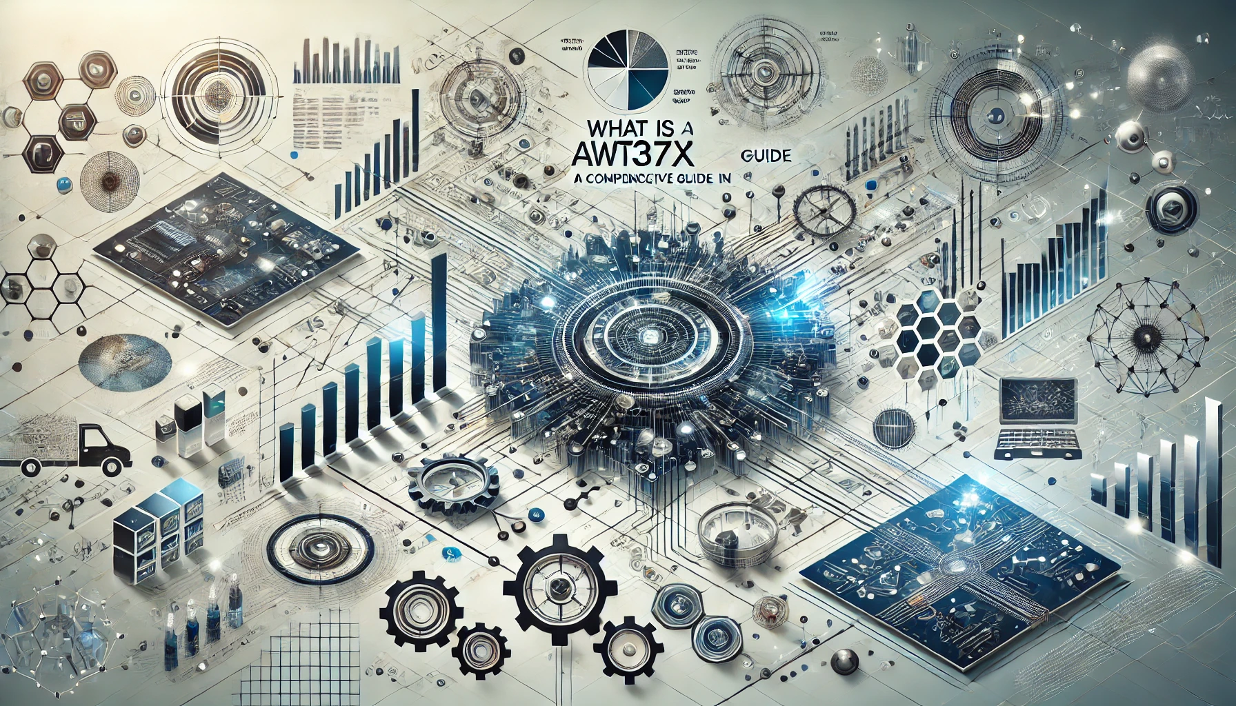 Wide-format image illustrating a modern high-tech design with elements like data analytics charts, automation gears, and network symbols. The background includes abstract visuals of connected circuits and digital interfaces, highlighting the versatility and adaptability of AWT37X across industries. The color palette uses blues, greys, and greens to convey themes of innovation, efficiency, and advanced technology.