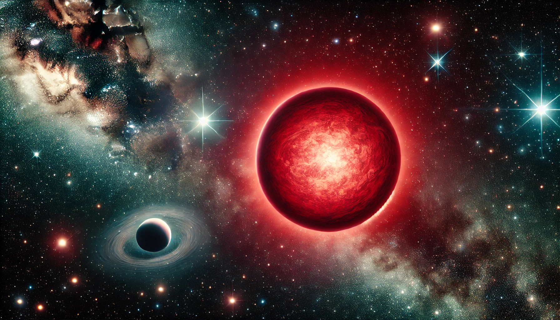 A wide-format image of Stars-923, a red dwarf star glowing with a cool red hue in the vastness of space. The star is surrounded by a disk of cosmic dust, with distant stars, nebulae, and hints of nearby planetary bodies visible. The dark, starry background enhances the mysterious and scientific atmosphere of the scene.