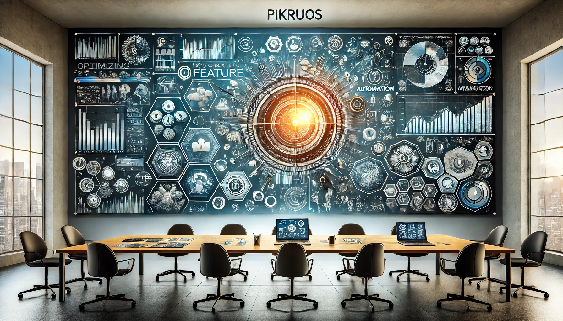 A wide-format image depicting the concept of Pikruos, focusing on optimizing workflows through technology. The design features digital tools, automation icons, data analytics, and network connections, symbolizing efficiency, adaptability, and continuous improvement. The background has a sleek, futuristic interface with a clean, digital aesthetic.