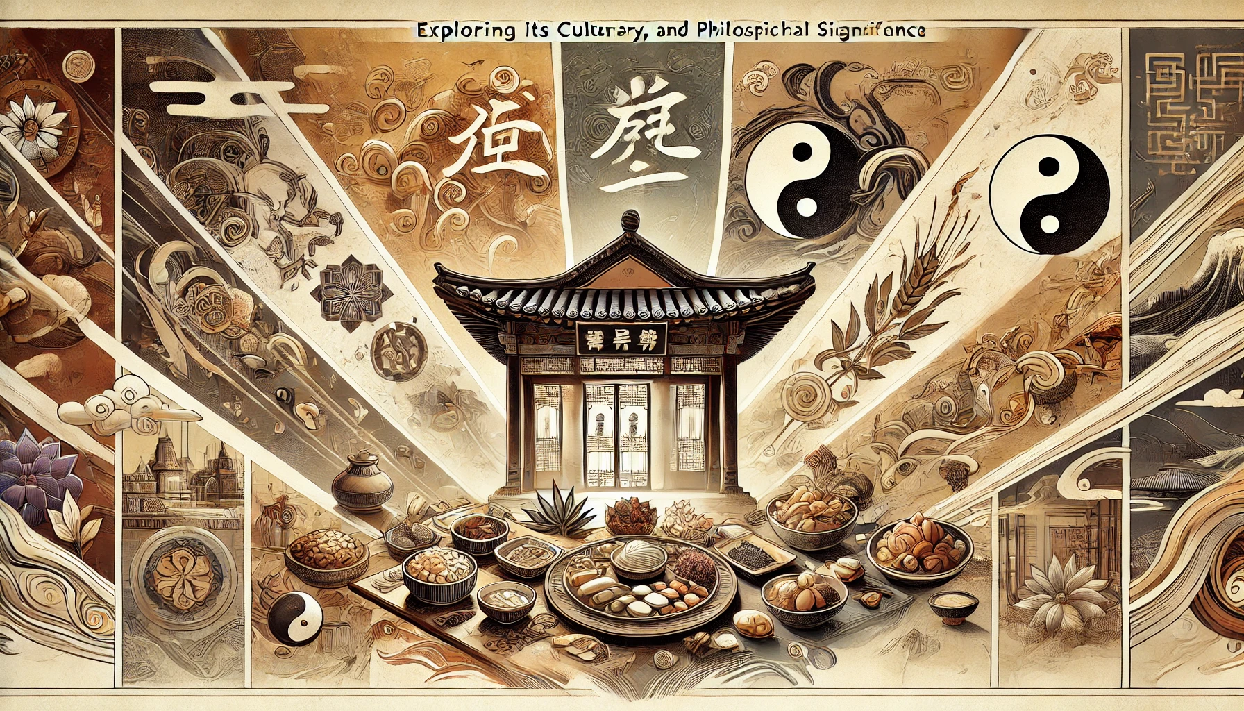 A wide format image titled "Anheihe: Exploring Its Cultural, Culinary, and Philosophical Significance." The design features a blend of traditional elements, with ornate architecture, calligraphy, and cultural symbols representing Anheihe's rich heritage. On one side, an array of traditional dishes is elegantly arranged on a table, showcasing vibrant colors and intricate presentations that highlight its culinary richness. On the other side, icons such as ancient scrolls, yin-yang symbols, and natural landscapes evoke themes of deep thought, balance, and harmony. The background uses warm, earthy tones with hints of gold, suggesting tradition, depth, and cultural richness. The text appears gracefully with stylized, flowing lines, evoking a sense of elegance and unity.