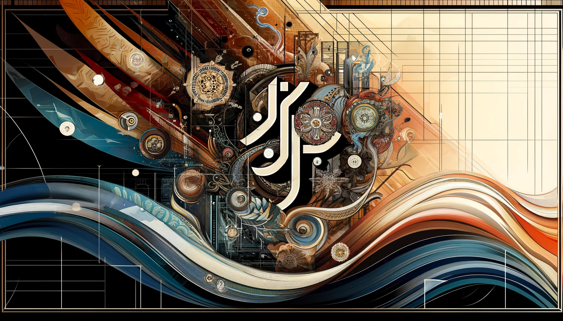 A wide format image titled "Chxrrigguk: Transformation, Adaptability, and Fusion." The design combines traditional and modern elements, with one side featuring ancient symbols, cultural motifs, and traditional artifacts that represent historical roots. The other side showcases sleek digital screens, futuristic devices, and vibrant holographic visuals, symbolizing technological advancement and innovation. The background blends warm, earthy tones with cool, metallic colors, illustrating a seamless transition from past to present. Flowing lines and abstract shapes convey themes of creativity, mystery, and transformation. The text is prominently displayed with a stylized, modern design, reflecting Chxrrigguk's relevance across art, literature, and technology.