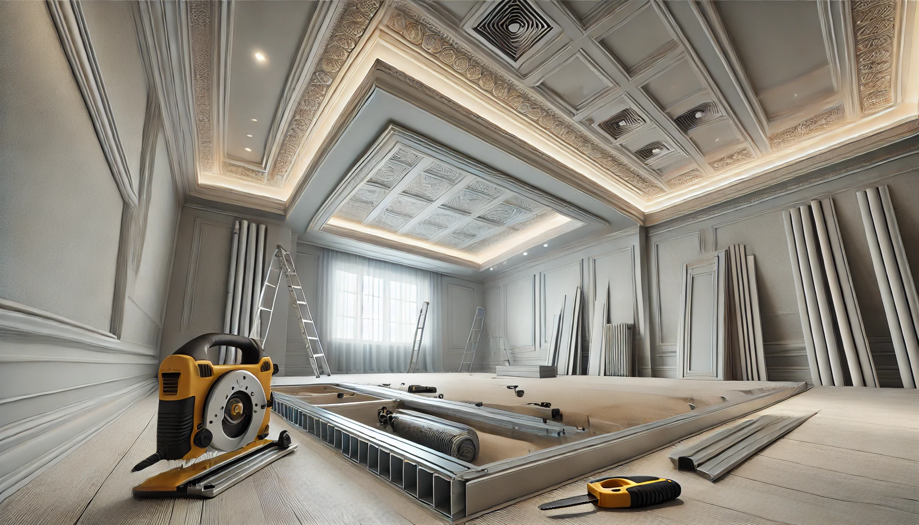 A wide feature image depicting the installation of a drywall crown soffit ceiling. The design shows a detailed cross-section of the ceiling, with visible soffit framing that conceals HVAC ducts and wiring, covered by smooth, neatly installed drywall panels. Elegant crown molding runs along the top edge, adding a decorative finish. Various tools, including coping saws, measuring tapes, and prefabricated framing kits, are visible, emphasizing precision and efficiency in the installation process. The background features a clean, modern room with soft lighting, highlighting the seamless lines of the soffit and crown molding. The image uses cool, neutral colors to convey a sense of professionalism and craftsmanship.