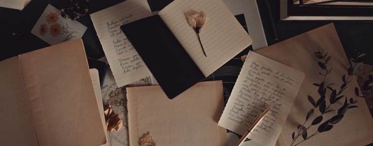 Dark academia aesthetic table flatlay with vintage items and books, writing, literature and poetry concept