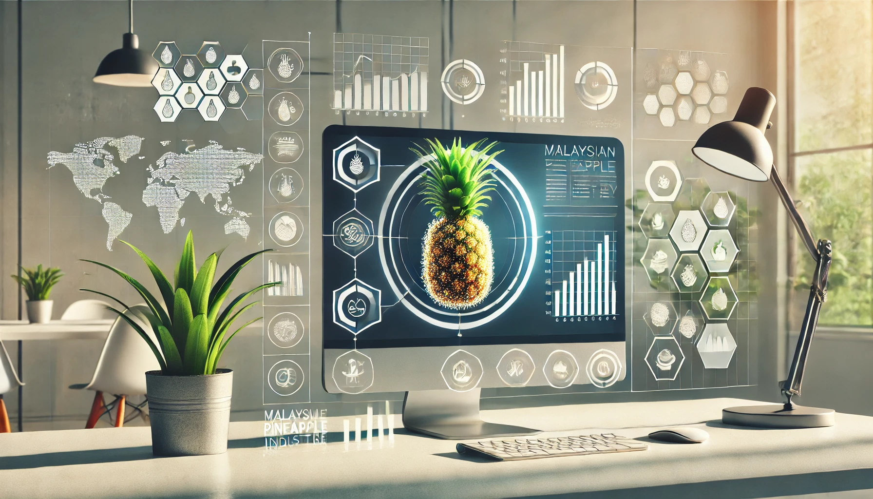 Modern digital dashboard interface displaying agricultural data with charts, graphs, and a map on a sleek computer screen, set in an office environment with pineapple-themed elements. Concept is used for e banci lpnm.